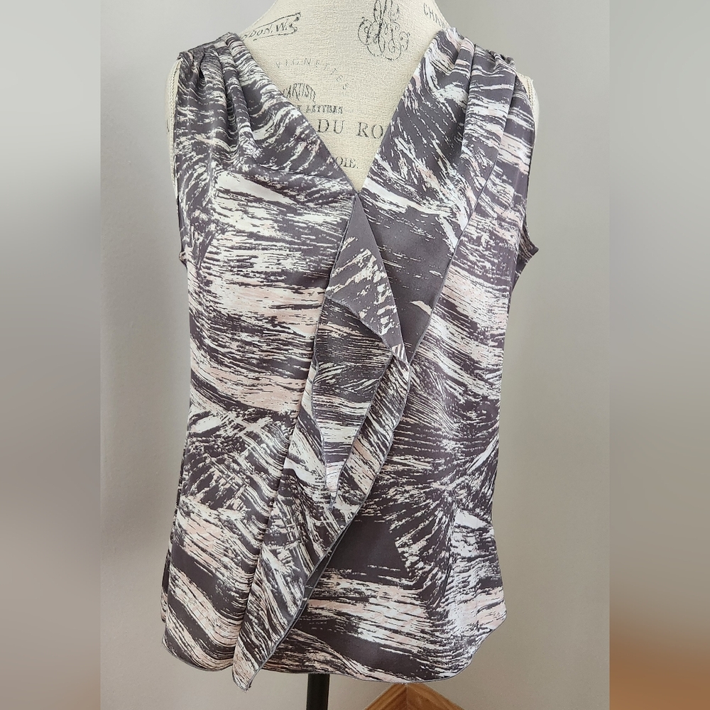 CALVIN KLEIN sleeveless blouse in grey and dusty rose with ruffle detail- S